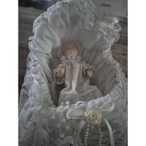 Vintage Baby Bassinet with Porcelain Baby Doll White Lace Trim 10" Long
